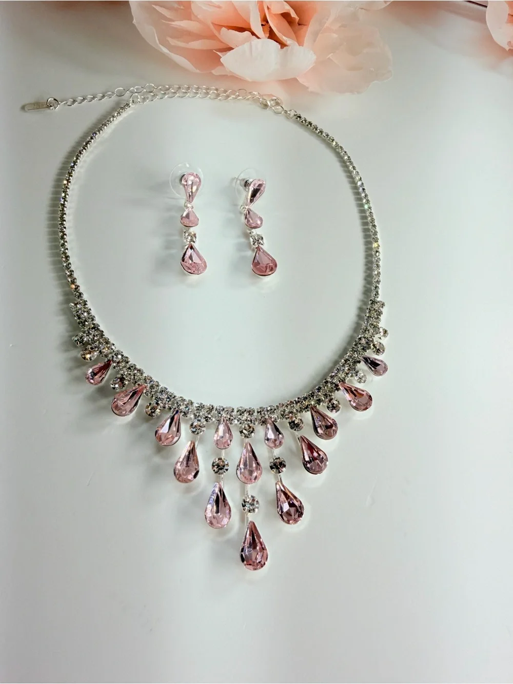 Pink Teardrop Crystal Necklace and Earring Set
